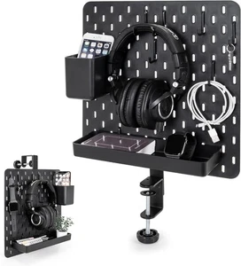 Desk Organizer Pegboard Panel w/ Hooks, Shelf & Cup – Black Metal Clamp Mount - Picture 1 of 11