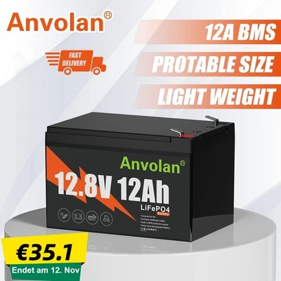 ANVOLAN Batería 12V 12Ah LiFePO4 batería de litio 12A BMS para fueraborda barco instalación solar