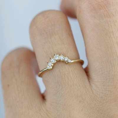 Curved Moissanite Engagement Band, Handmade Ring Yellow Gold Plated Silver Ring - Image 1 of 4