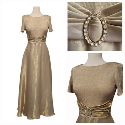 VTG Gold Evening Gown Sz 4 Formal Dress Short Sleeve 90s USA Old Hollywood Glam - Image 1 of 4