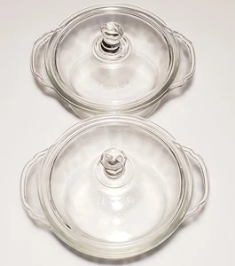 2 Fire King Clear Glass Mini 8 oz. Round Casserole Dish Handles Glass Lid Vtg - Picture 1 of 16