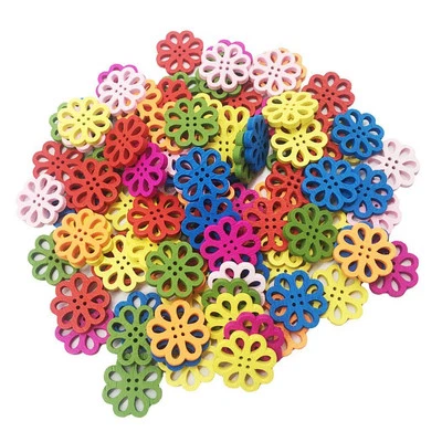 100 Pieces Wooden 4 Holes Buttons Colorful Flower Button for - Image 1 of 4