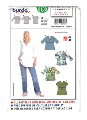 Top túnica Burda 8100 talla grande 18 20 22 24 26 28 30 32 patrón de costura fácil sin cortar Foto 1 de 4