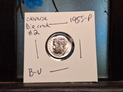 1955 p Roosevelt Silver dime, obverse die break - Image 1 of 3