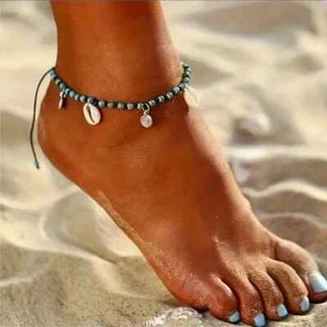 Turquoise Beaded Shell Anklet Adjustable Handmade Beachwear Accessory for Women - Picture 1 of 6