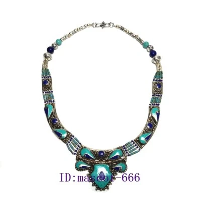 Collar de decoración turquesa con incrustaciones de plata ChinaTibet antiguo de 17,7 pulgadas colección Foto 1 de 4