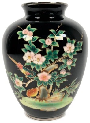 Jarrón de porcelana negro plateado espejo pájaro floral chinoiserie Japón mediados de siglo Foto 1 de 4