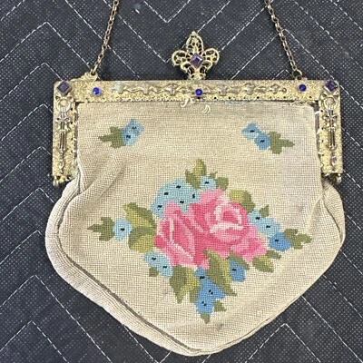 Vintage/Embroidered Floral Fabric Purse w/ Delicate Chain Beautiful Metal Detail - Image 1 of 4