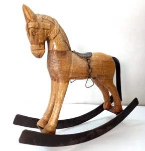 Pferd Schaukel Statue Holz Eiche Antik Handarbeit geschnitzt Figur Vintage Eisen - Bild 1 von 10