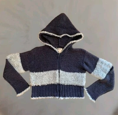 VTG ESPRIT Cropped Knitted Zip Up Hoodie Wool Blend Womens Sz Large Gray Blue - Image 1 of 4