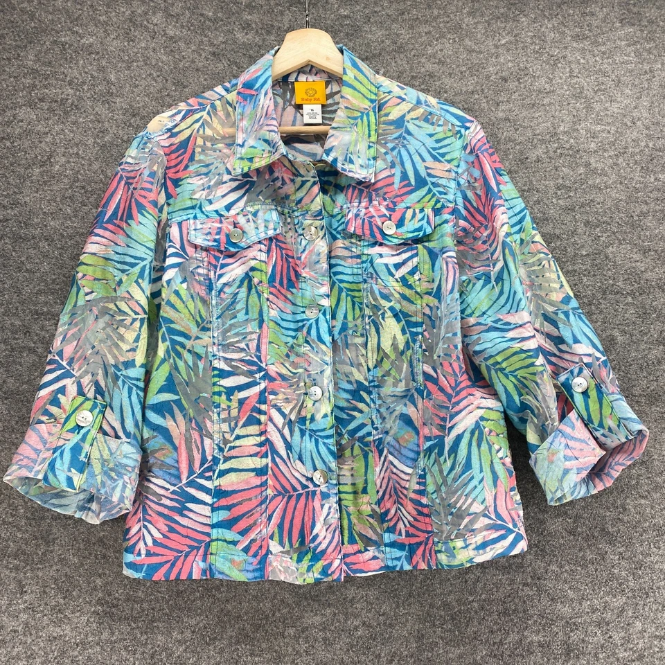 Ruby Rd. Jacket Women 16 Blue Floral Button Up Linen Collared Long Sleeve Casual - Image 1 of 4