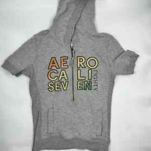 Aeropostale Womens Short Sleeve Fullzip Hoodie Size M Gray Cotton Stretch Logo - Picture 1 of 9