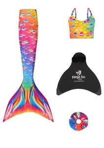 Planet Mermaid Girls Tail, Fin, Tankini Top & Scrunchie Set - Rainbow & Coral - Picture 1 of 31