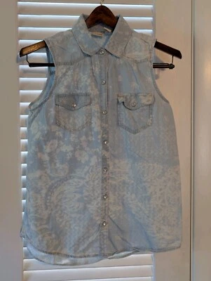 Camisa jeans vintage sem mangas com botões de lama floral média Y2k - Imagem 1 de 4