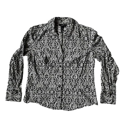 Blusa Alfani 12 Blanco y Negro Estampado Geométrico Manga Larga Abotonada Cuello en V Foto 1 de 4