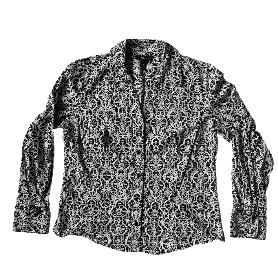 Alfani Blouse 12 Black & White Geometric Print Long Sleeve Button-Up V Neck - Image 1 of 4
