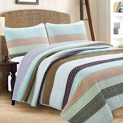 Nesco Striped Purple Green Brown Cotton 3-Piece Quilt Set, Bedspread, Coverlet - Image 1 of 4