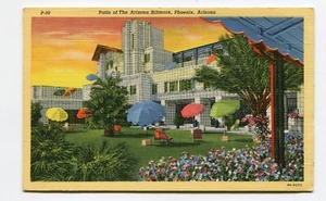 Vintage Postcard HOTEL ARIZONA BILTMORE Phoenix AZ Patio w bright umbrellas - Picture 1 of 2