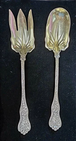 TIFFANY OLYMPIAN SALAD FORK & SPOON SERVING SET GOLD WASH ON BOWL 10IN Cover