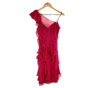 Karen Millen Hot Pink Pure Silk Ruffle One Shoulder Dress UK 12 - Picture 1 of 6