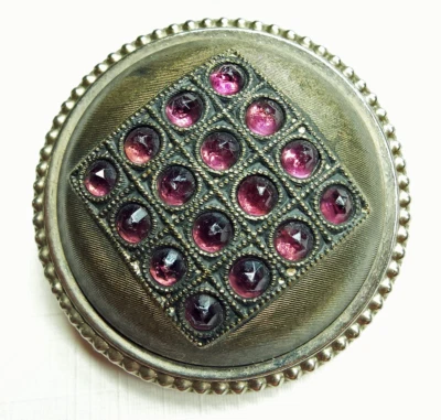 Large Antique Jeweled Button ~ Domed Brass w/ Purple Paste Protrusions ~ 1-1/2" - Image 1 of 4