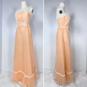 Vtg 70s Dance Allure Chiffon Lace Maxi Dress Size XS Peach Prom Coquette Fairy. - Picture 1 of 8