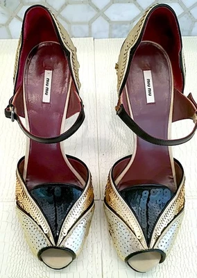 Elegant Miu Miu Sequin Peep Toe High Heals Made in Italy Size 38 - Image 1 of 4