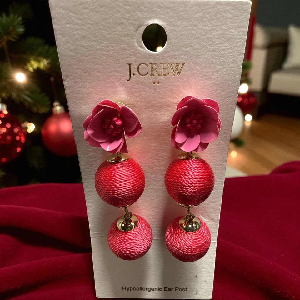 NWT J. Crew Gold Tone Flamingo Pink Flower Dangle Drop Earrings JC383 - Image 1 of 3
