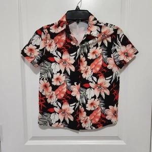 Shein Boys 10 Short Sleeve Button Up Tropical Hawaiian Shirt Red Black Floral - Picture 1 of 7