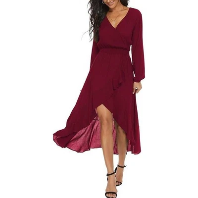 Kormei Womens Long Sleeve High Low Wrap Dress Burgundy Wine Midi Maxi Red XL - Image 1 of 4