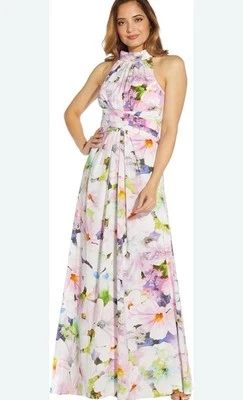 Adrianna Papell Colorful Sleeveless Tie back Pleated Halter Gown Dress, sz 14 - Image 1 of 4