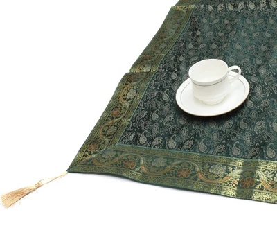 48 Sq Dining Table Top Cover Banarasi Silk Woven Paisley Homedecor Cloth Green - Image 1 of 4