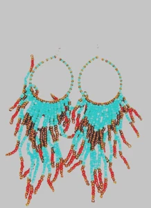 Boho turquoise bronze red  Seed Bead Beaded Round Hoop Earrings Fringe Tassel - Picture 1 of 1