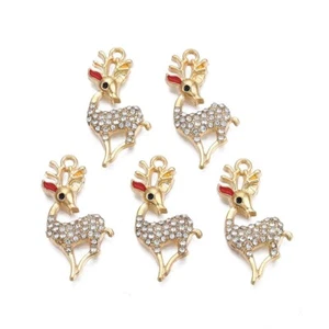 10 Dainty Festive Christmas Reindeer Gold Tone Charms & Clear Rhinestone Detail - Picture 1 of 2
