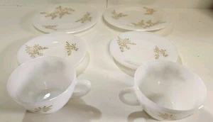 Federal Glass Milk Glass Tea Cups / Saucers And Plate With Gold Floral Design - Picture 1 of 15