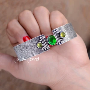 Chrome Diopside & Peridot Gemstone 925 Sterling Silver Cuff Bangle For Friend - Picture 1 of 5