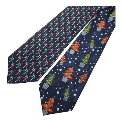 2 Christmas Neckties Candy Canes Xmas Tress Snowflake Holiday Ties Navy Blue - Image 1 of 4