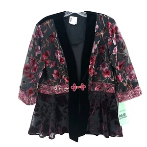 Vintage R & M Richards Black Velvet Floral Blouse Jacket Sheer Sleeves Size 8 - Imagen 1 de 9