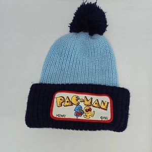 Pac-Man Vintage Beanie Unisex Children 1980s Navy Blue Knit Pacman Patch Large - Picture 1 of 11