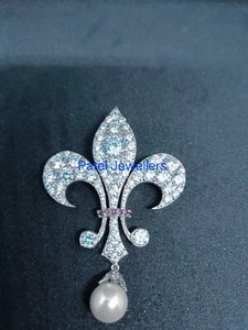 2Ct Simulated Diamond Pearl & Ruby Elegant Brooch Pin 14k White Gold Plated - Picture 1 of 11