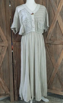 Maxi Vestido Spencer Alexis Vintage Talla 12 Beige Rayas Encaje Panel Flor Botón Foto 1 de 4