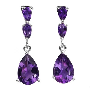 925 Sterling Silver Earrings Pear Amethyst 10x7mm Natural Gemstone Jewelry - Picture 1 of 13