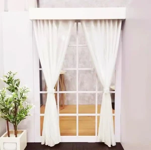 1:6 Dollhouse French Window with Curtains Miniature Doll Photography Backdrop - Picture 1 of 5