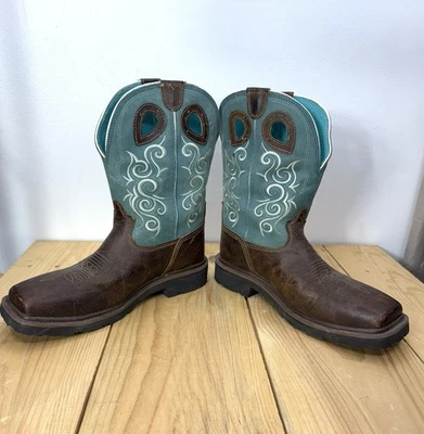 Tony Lama седло назад бирюзовый коричневый работы загрузки стиль RR3401L женщин размер 9,5 C - Изображение 1 из 4