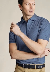 CHARLES TYRWHITT Herren marineblau fein gestreift Performance POLOSHIRT Größe MEDIUM NEU - Bild 1 von 15