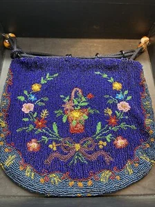 ANTIQUE Micro Beaded Cinch Purse Royal Blue 1920s ART DECO Flapper  Amazing - Picture 1 of 19