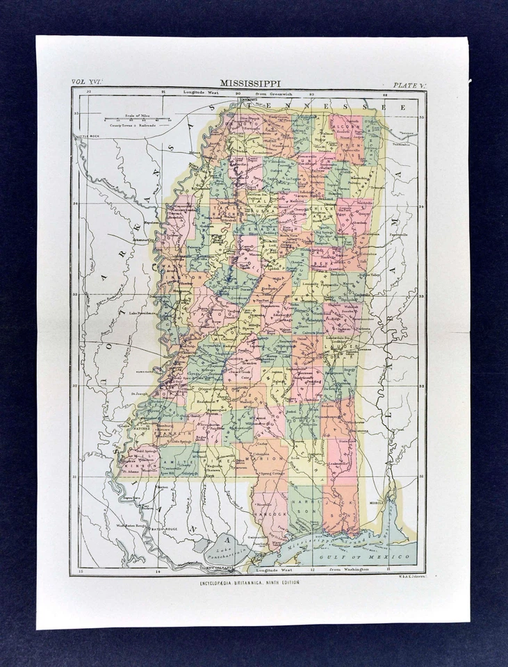 Mapa de la Enciclopedia Británica c1889 - Mississippi Jackson Vicksburg Oxford Biloxi Foto 1 de 1
