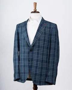 Abrigo deportivo Isaia $3,695 nuevo con etiquetas azul verde a cuadros 'Gregory' 100 % cáñamo 48 IT 38 EE. UU. - Imagen 1 de 6