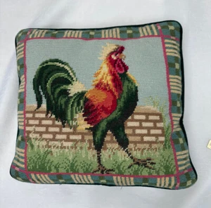 Handmade Woolen Needlepoint Throw Pillow Cover Farmhouse Rooster Chicken 13x13 - Picture 1 of 5