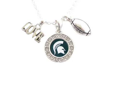 Michigan State Spartans Multi Charm Love Football Green Silver Necklace Jewelry Cover